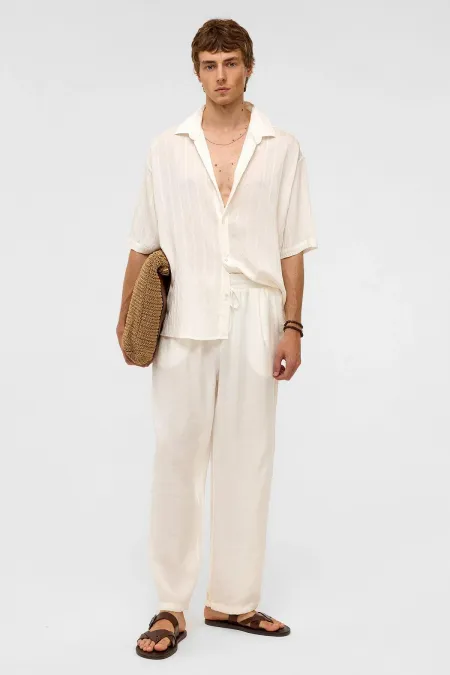 Oversize Striped Short-Sleeved Modal Fabric Shirt, White