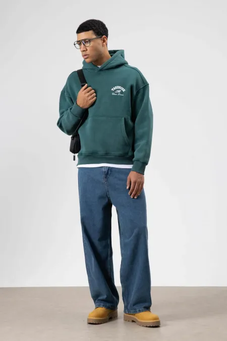 Sweat à capuche oversize délavé, coupe carrée, bleu marine