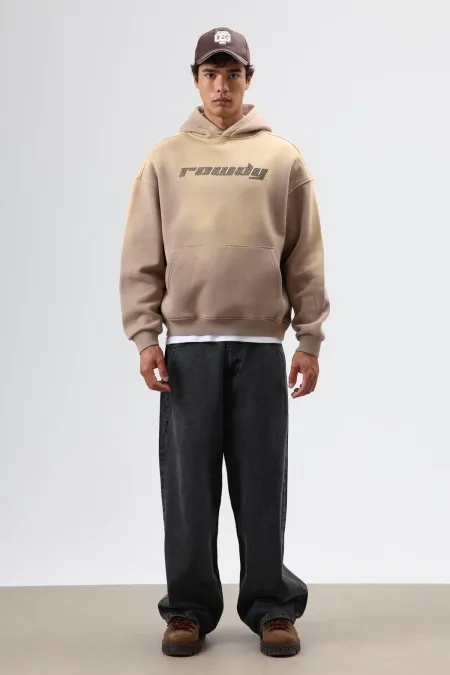 Sweat à capuche oversize imprimé délavé, couleur vison