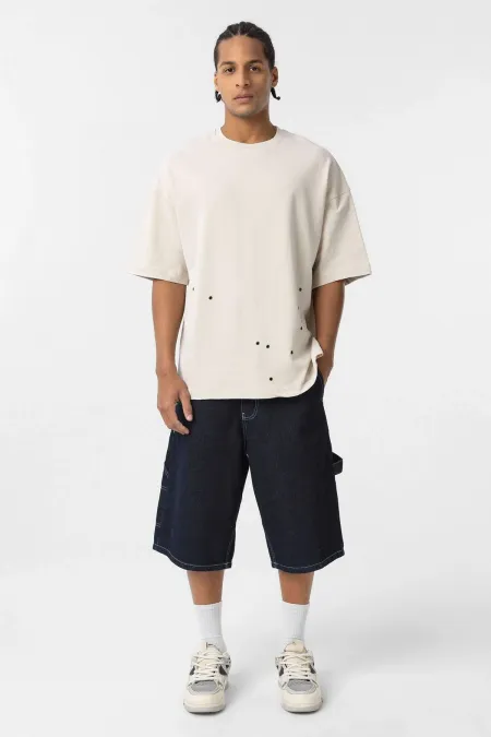 Yıkamalı Metal Detaylı Oversize Tişört Taş