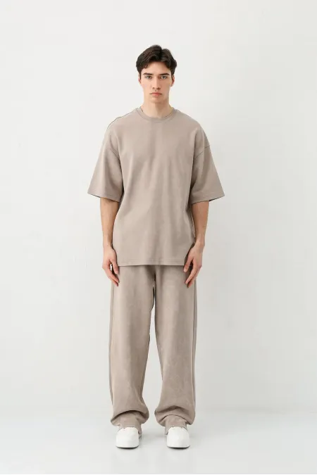 Kısa Kollu Yıkamalı Oversize Tişört Vizon