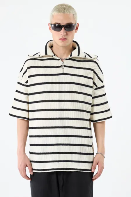 T-shirt oversize rayé à col zippé en maille, écru