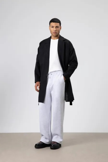 Kemerli Oversize Kaşe Kaban Siyah