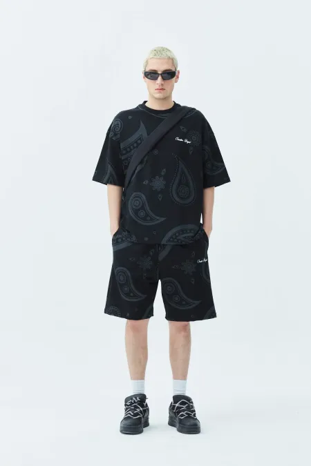Oversize Desenli Şort Tişört Takım Siyah