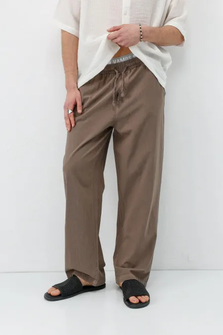 Bel Lastikli Baggy Fit Keten Pantolon Açık Kahve