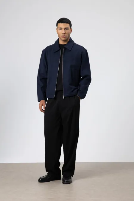 Oversize Fermuarlı Kaşe Ceket Lacivert