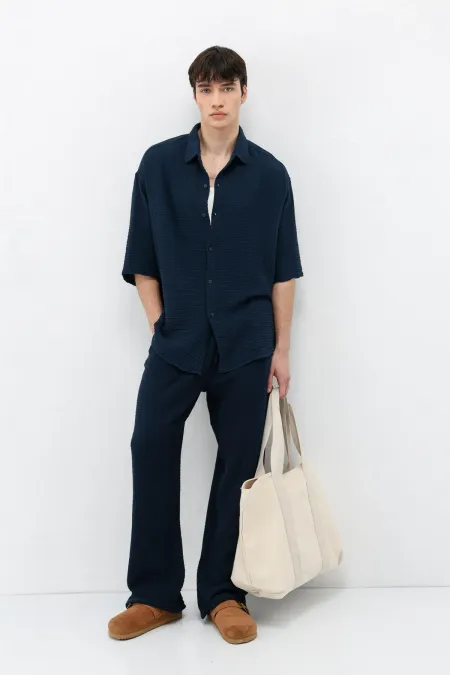 Ensemble en mousseline de lin bleu marine, coupe décontractée