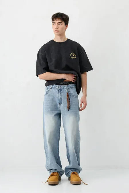 Kısa Kollu Boxy Fit Baskılı Tişört Siyah