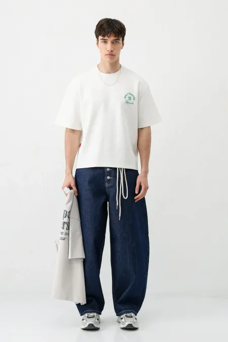 Kısa Kollu Boxy Fit Baskılı Tişört Ekru