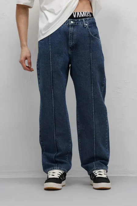 Dikiş Detaylı Relaxed Fit Jean Mavi