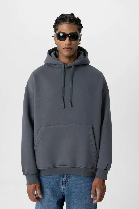 Basic Oversize Yıkamalı Hoodie Füme