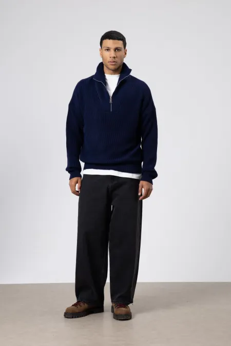 Yarım Fermuarlı Triko Kazak Lacivert