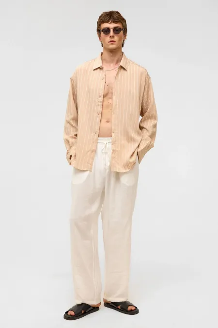 Oversize Striped Long-Sleeve Shirt Beige