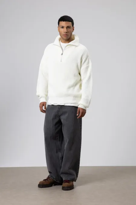 Yarım Fermuarlı Triko Kazak Ekru