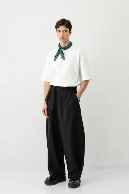 Barrel Fit Tailored Fit Kemerli Pantolon Siyah