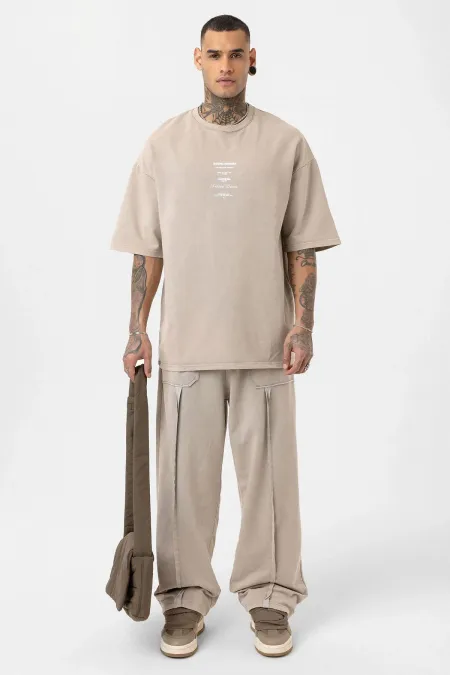 Yıkamalı Baskılı Oversize Eşofman Takım Soğuk Vizon