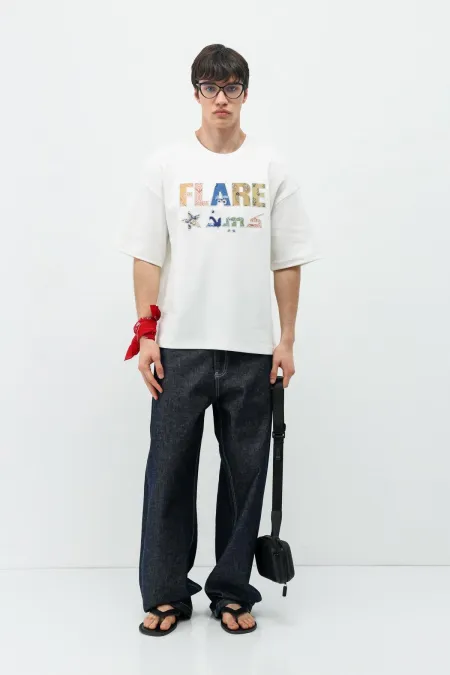 Baskılı Oversize Tişört Ekru