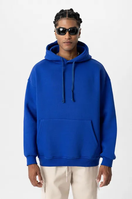 Basıc Oversize Kapüşonlu Cep Detaylı Sweatshirt Saks