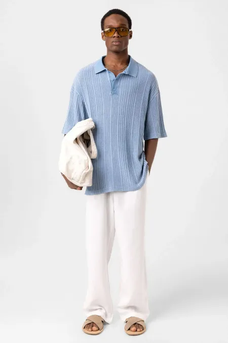 Polo Yaka Oversize Triko Açık Mavi