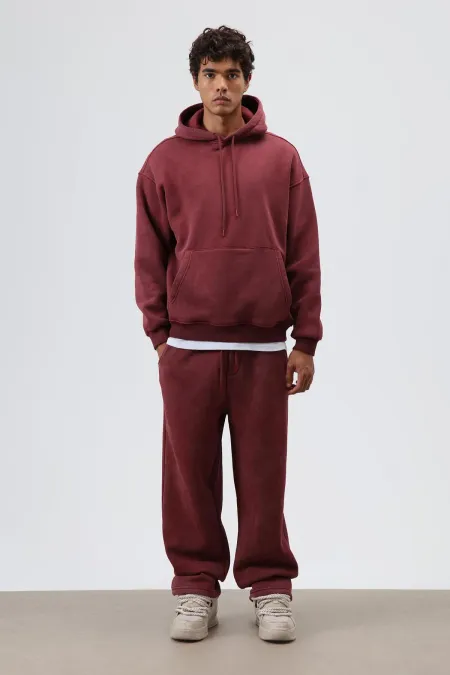 Basic Oversize Yıkamalı Hoodie Bordo