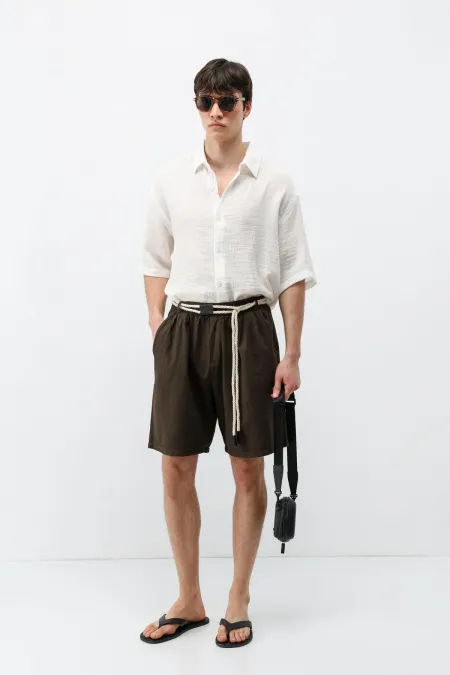 Kemerli Oversize Keten Şort Kahve