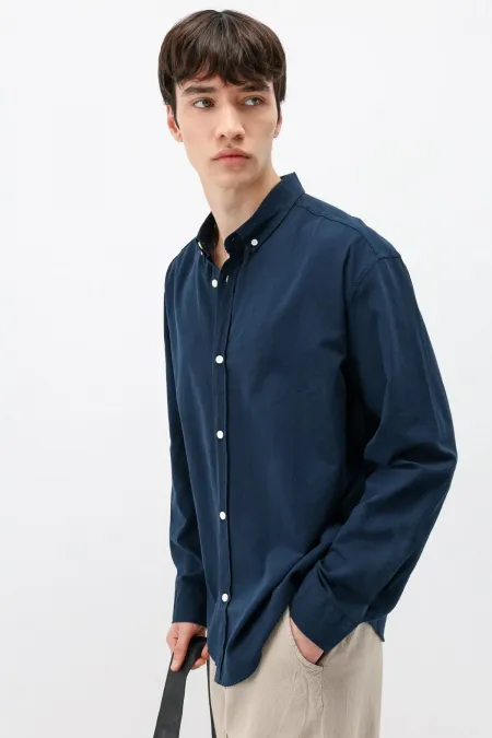 Basic Oversize Cotton Linen Shirt Navy Blue