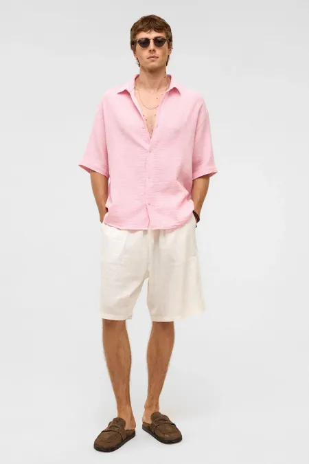 Oversize Kısa Kollu Müslin Kumaş Gömlek Pembe