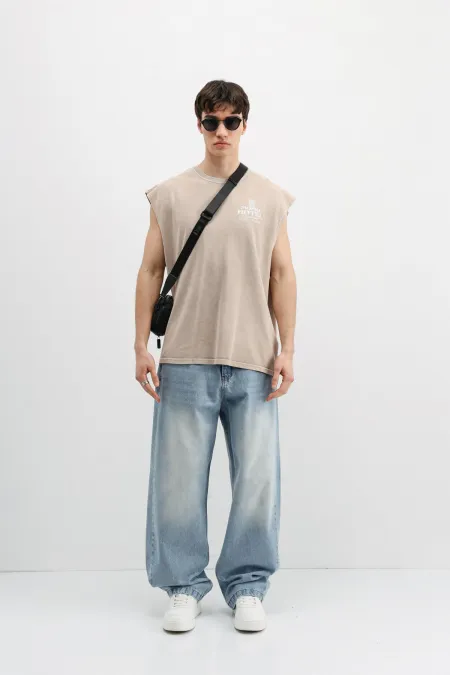 Baskılı Kolsuz Oversize Tişört Bej