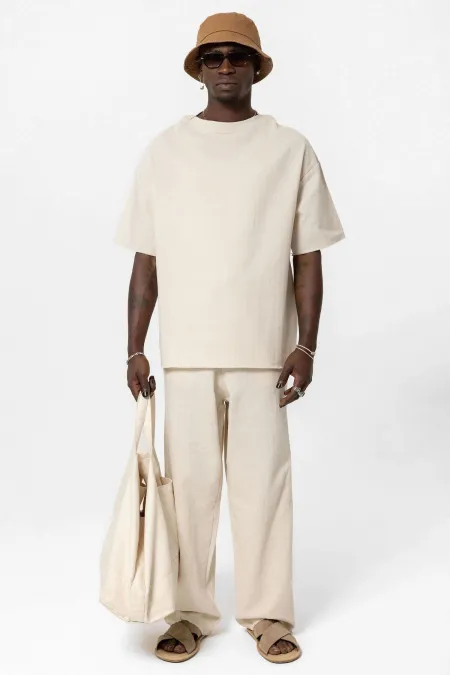 Basıc Oversize Keten Takım Bej