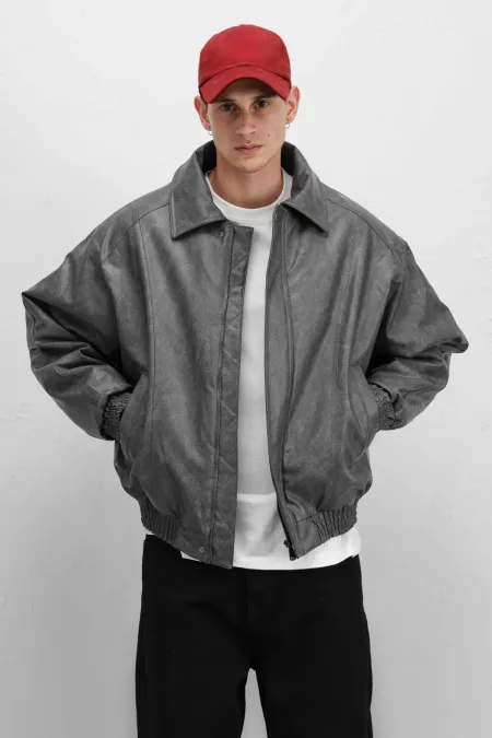 Oversize Deri Bomber Ceket Gri