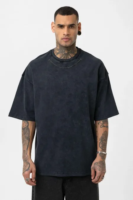 T-shirt oversize délavé avec détail chaîne, noir
