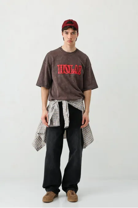 Yıkamalı Baskılı Oversize Tişört Kahve