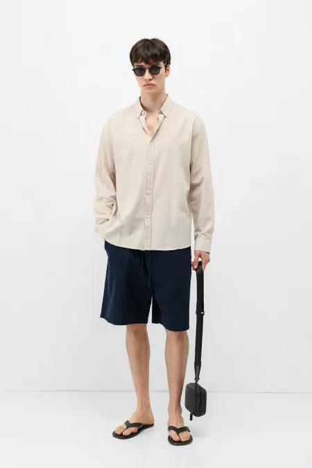 Basic Oversize Pamuk  Keten Gömlek Bej