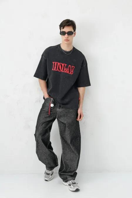 Yıkamalı Baskılı Oversize Tişört Siyah