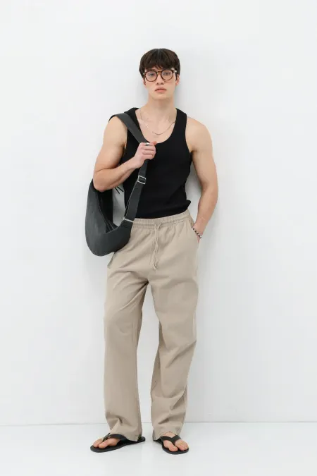 Bel Lastikli Baggy Fit Keten Pantolon Taş