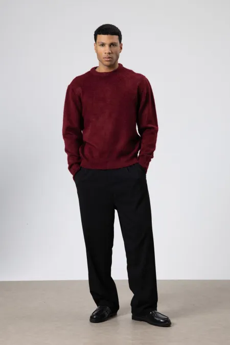 Oversize Yumuşak Dokulu Bisiklet Yaka Kazak Bordo