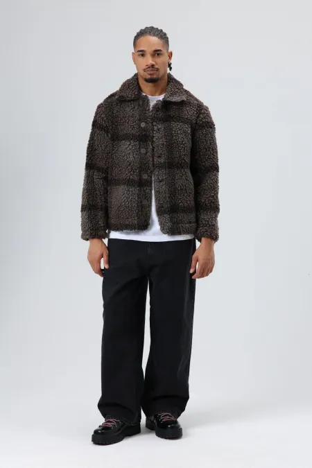 Veste à carreaux en peluche oversize couleur café