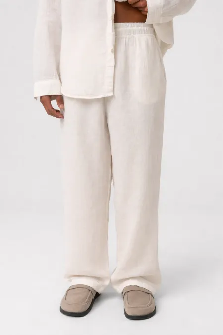 Baggy Fit Müslin Keten Pantolon Naturel