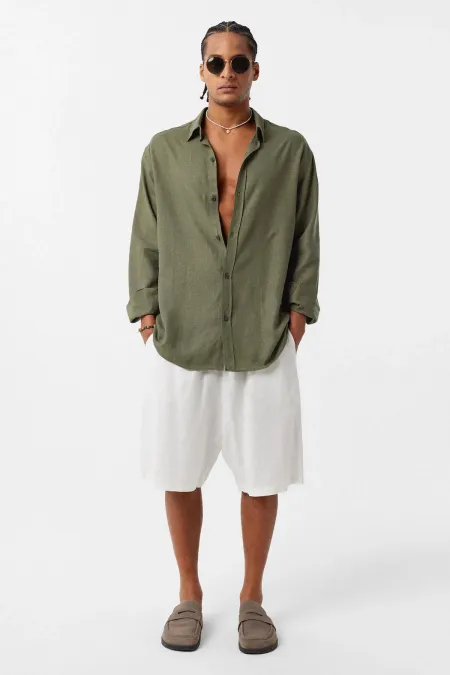 Basic Oversize Uzun Kollu Keten Gömlek Haki