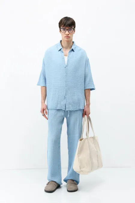 Ensemble en lin bleu ciel, coupe décontractée, en mousseline de soie