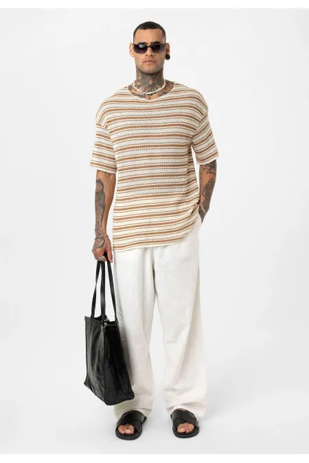 Çizgili Oversize Triko Tişört Camel