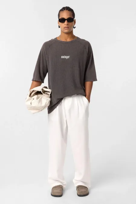 Yıkamalı Oversize Baskılı Triko Tişört Kahve