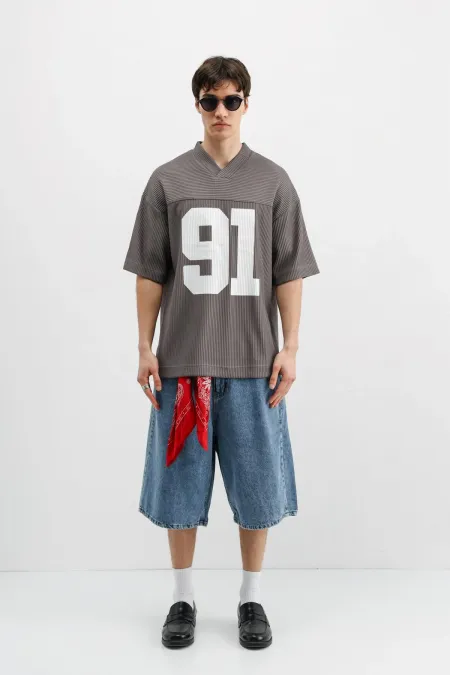 Baskılı Fitilli Oversize Tişört Gri