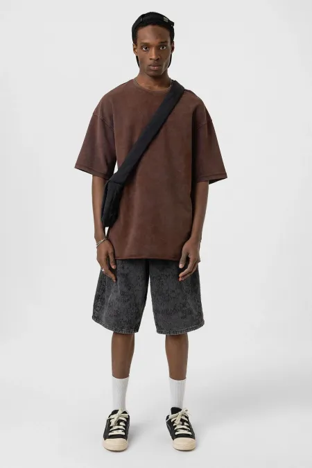 Yıkamalı Basic Oversize Tişört Kahve