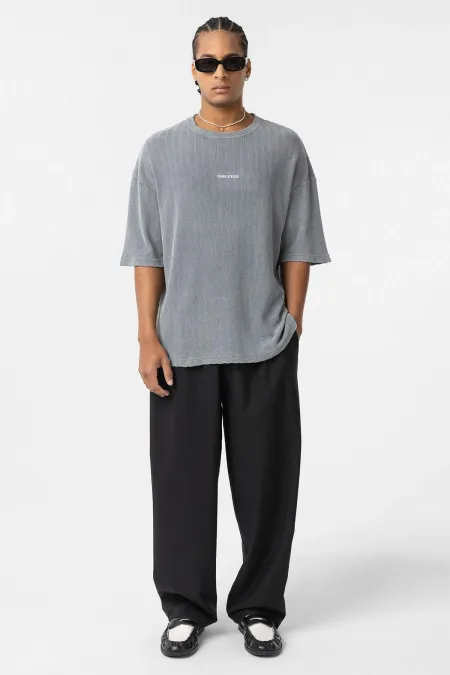 Yıkamalı Arka Baskılı Oversize Tişört Gri