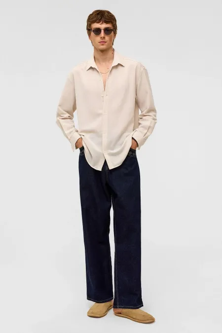 Oversize Uzun Kollu Keten Gömlek Naturel