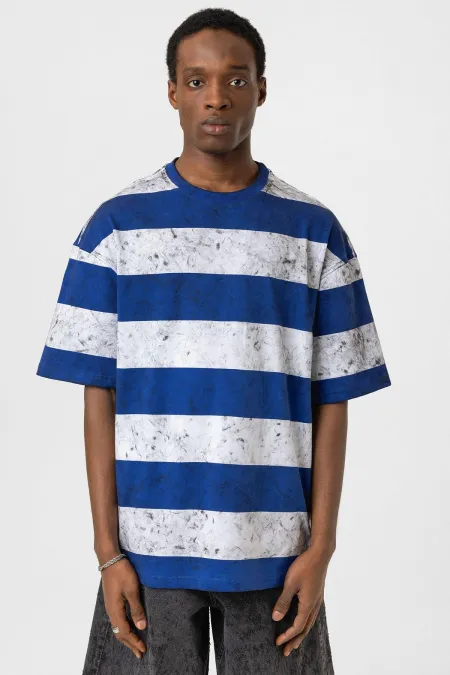 Yıkamalı Şeritli Oversize Tişört Mavi - Beyaz