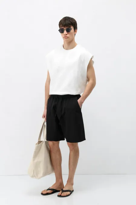 Oversize Keten Şort Siyah