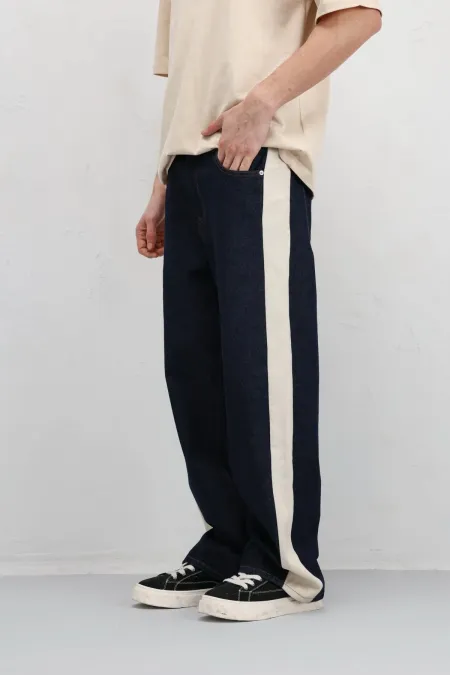 Side Stripe Baggy Fit Jeans Dark Blue