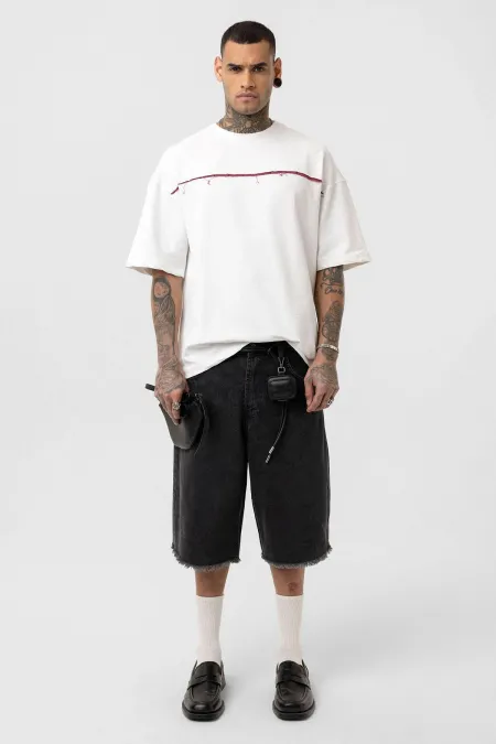 Yıkamalı Arka Baskılı Oversize Tişört Ekru